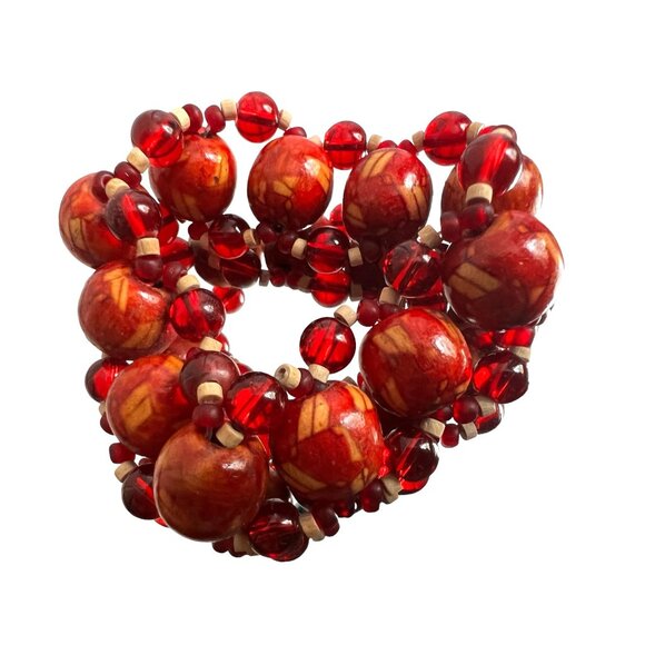 Tribal Beaded Double Strand Stretch Bracelet Red and Yellow Marble Womens - Picture 5 of 5